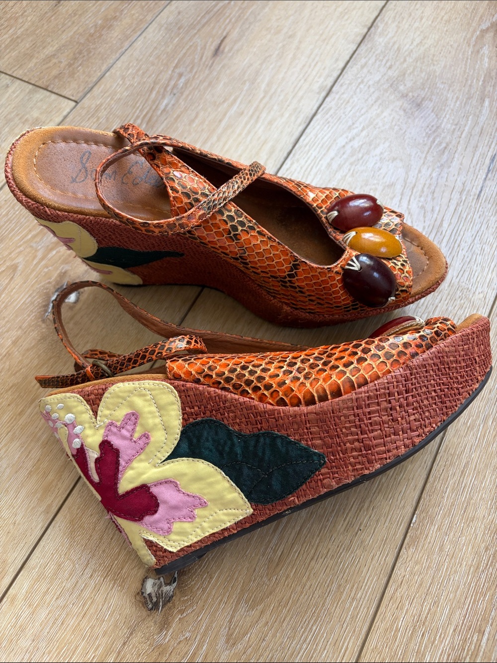 Sam Edelman Y2k Platform Snake Skin Beaded Ankle Straps Floral Shoes Sz 8